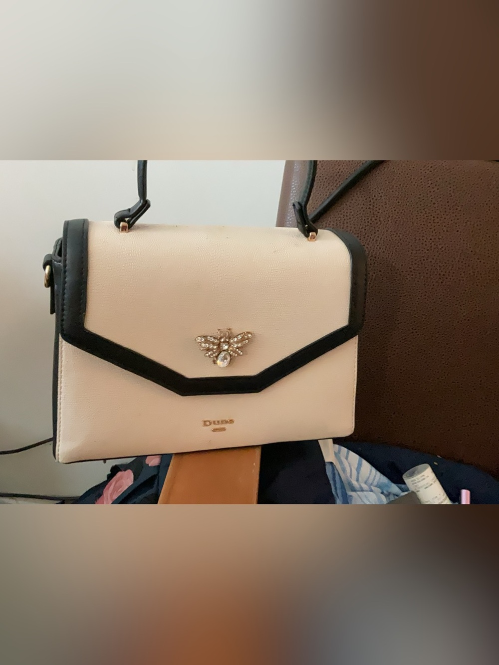 Dune London Cream and Black Bee-Embellished Top Handle Satchel